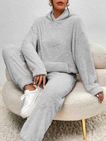 Autumn Winter Fashion Women Casual Hooded Sweatshirt Leg Pants 2 Piece Set Warm Furry Plush Trousers Suit Female Outfit