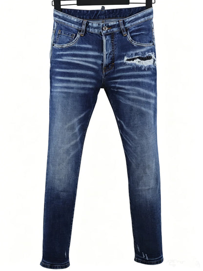 6058 Four Seasons New Men's Wash Grinding Hole Patch Paint Splash Ink Micro-bullet Leg Grey Jeans for Men