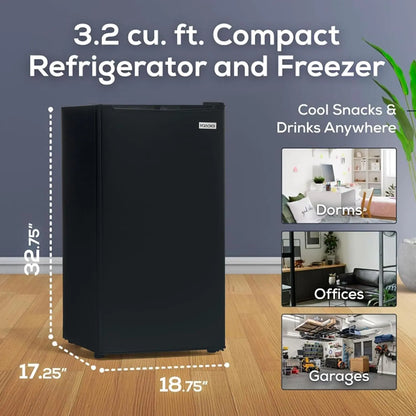 3.2 Cu.Ft. Mini Fridge with Freezer - Single Door Compact Refrigerator with Glass Shelves for Homes