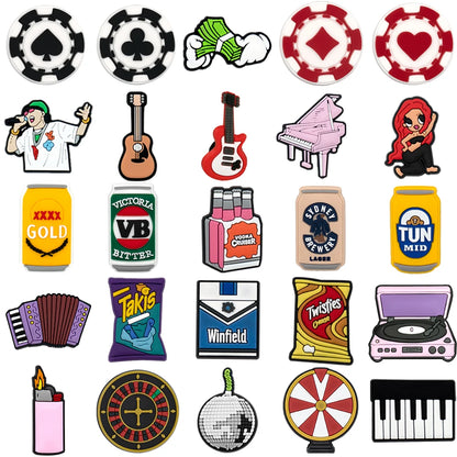 1/25PCS Bar Series Shoe Charms Fashion Women Singer Beer Cigarette Musical Instrument Shoe Accessories Pins for Clog Decorations