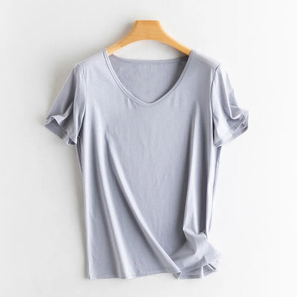 Summer Short Sleeve T-Shirt Women Tee Shirts Real Silk Linen Cotton T Shirt Women's Casual Tees V-neck Woman Tshirt Solid Tops