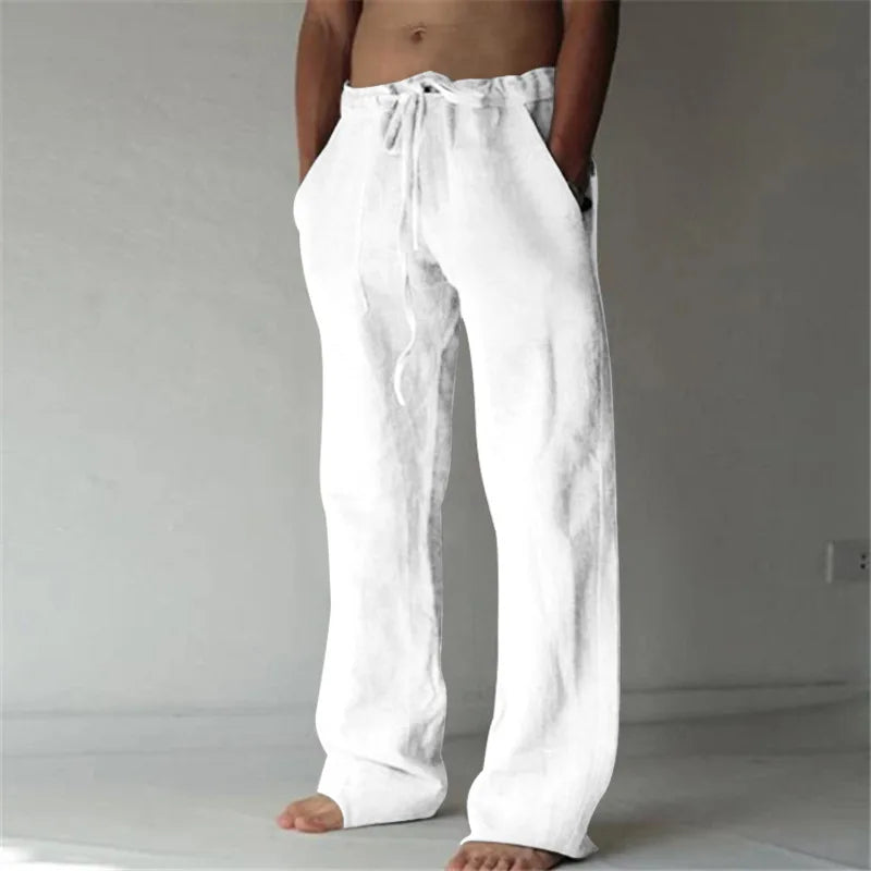 2026 New Men's Cotton Linen Pants, Elastic Waist Solid Color Straight Wide Leg Casual Trousers