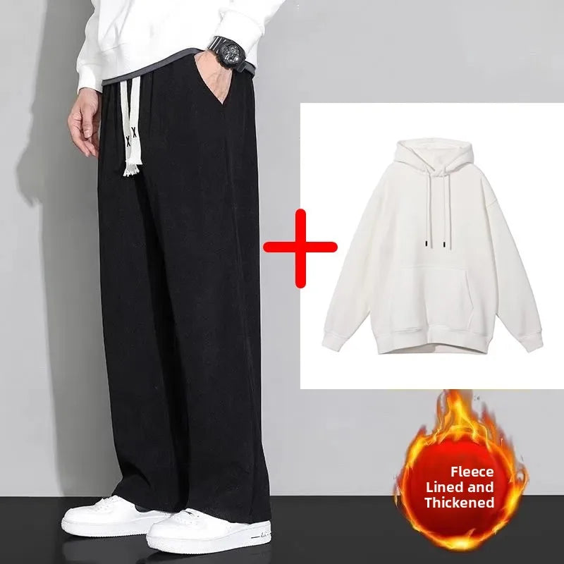 Corduroy Fleece Lined Men's Pants Autumn Winter Style Loose Straight Leg Sports Casual Set Men's Winter Fashion Trousers