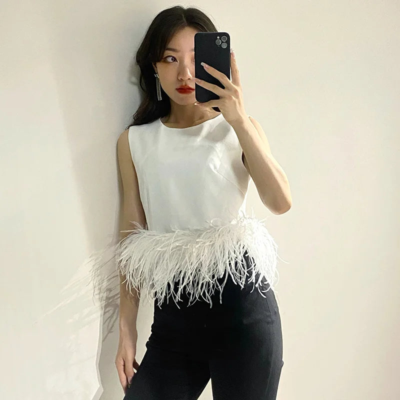 TWOTWINSTYLE Black Patchwork Feathers Korean Fashion Shirt Top Women Round Neck Sleeveless Slim Tops Female 2021 Summer Clothing