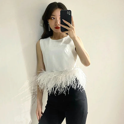 TWOTWINSTYLE Black Patchwork Feathers Korean Fashion Shirt Top Women Round Neck Sleeveless Slim Tops Female 2021 Summer Clothing