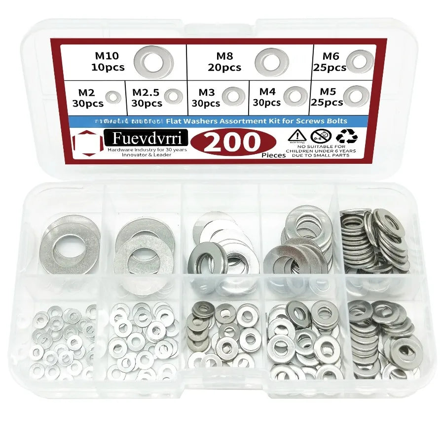 910/200pcs Flat Washers Assortment Kit (M2 M2.5 M3 M4 M5 M6 M8 M10 M12) Suitable for Home Decoration