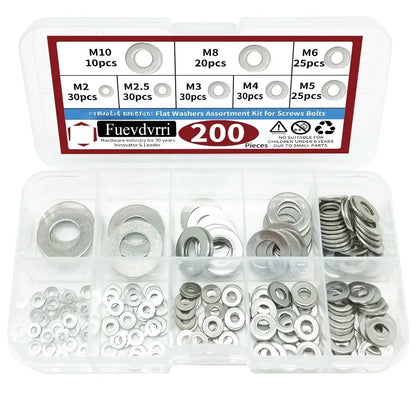 910/200pcs Flat Washers Assortment Kit (M2 M2.5 M3 M4 M5 M6 M8 M10 M12) Suitable for Home Decoration