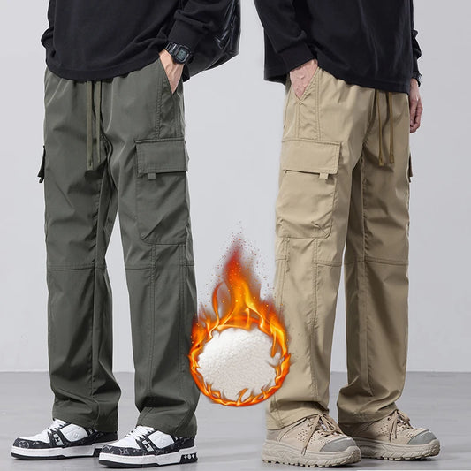 Men's Fleece Cargo Pants Winter Fashion Casual Pants Large Pockets Loose Velvet Trousers Male Plush Thickened Warm Pants