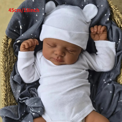 BZDOLL 45 CM Asleep Reborn Black Brown Skin Baby Doll Toy Lifelike Vinyl Limbs Cloth Body 18 inch Doll Handmade Birthday Gift
