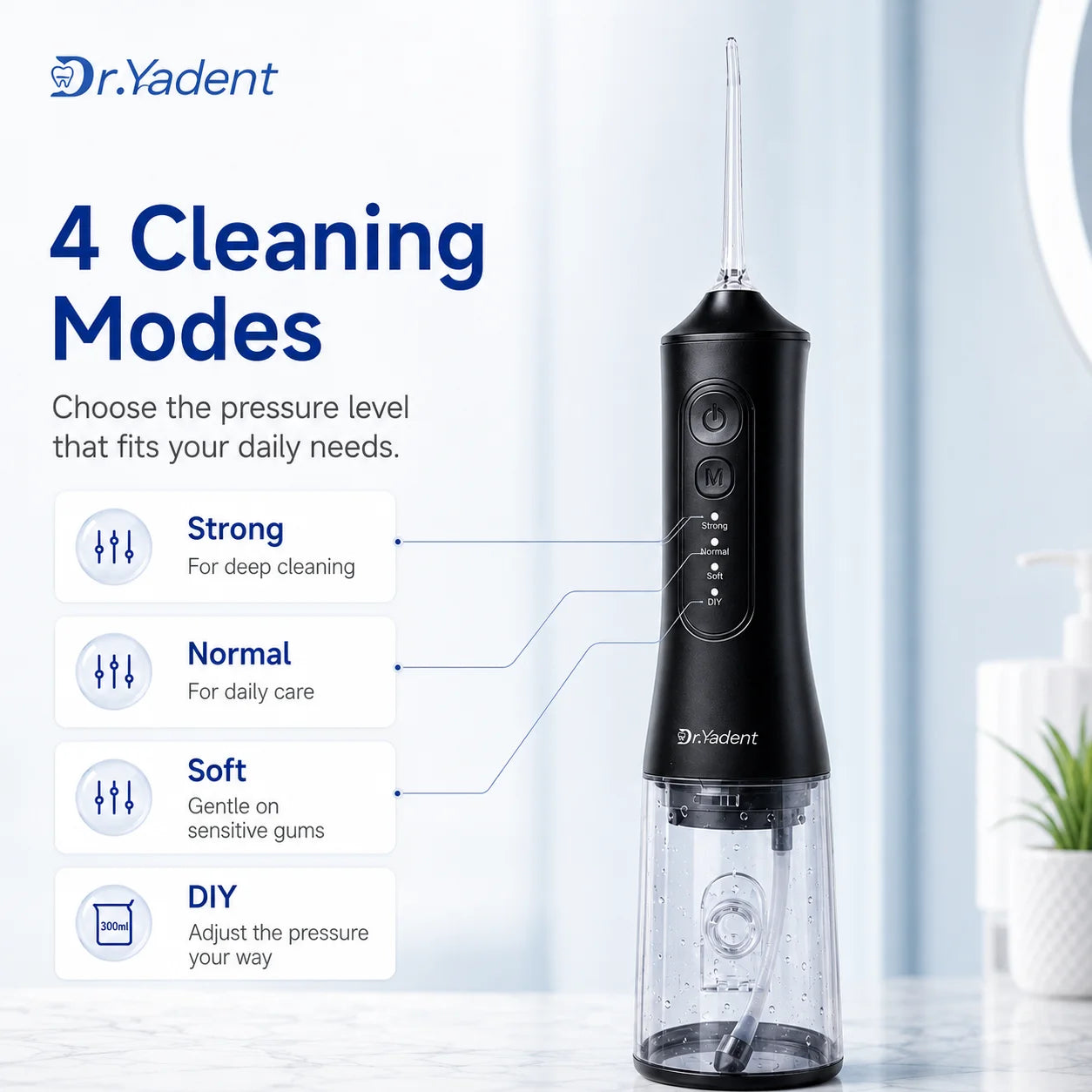 Dr.Yadent YD06 Oral Irrigator Flosser 300ML Large Capacity for Road Trips 4 Modes with DIY Pressure 7 Varies Nozzle Water Jets