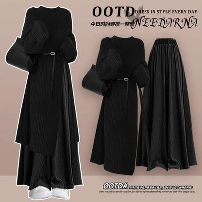 Fall Fashion High Waist Knitted Sweater Long Skirt Wide Leg Pants Two Piece Set Elegant Sweet Style plus Size Women's Suit