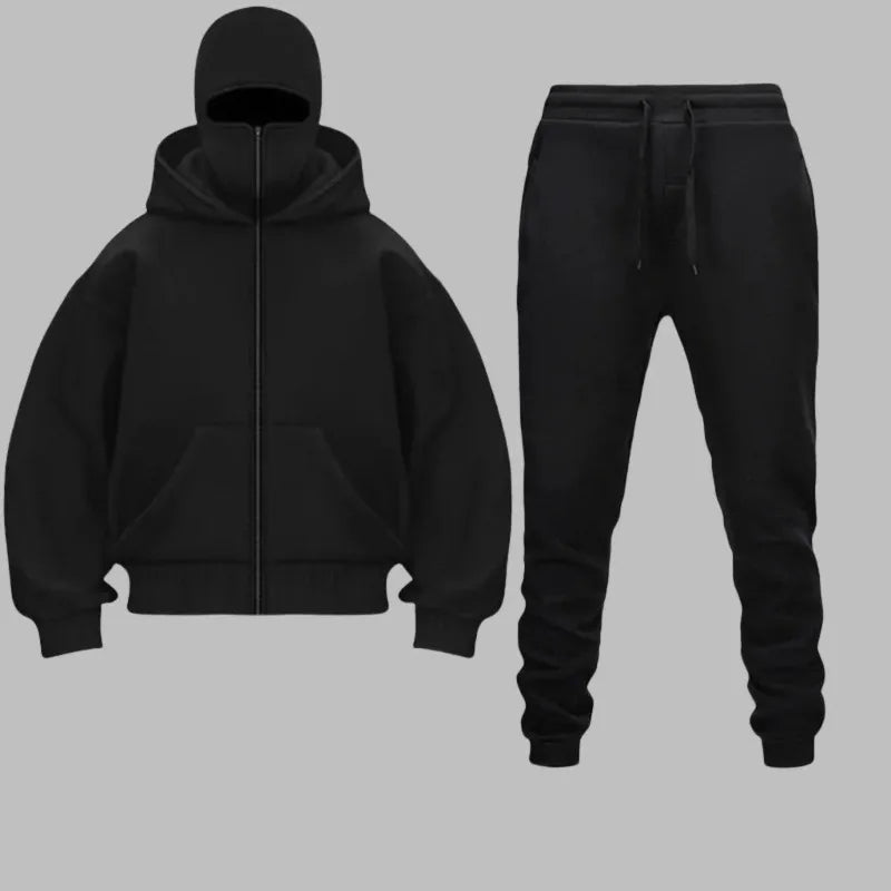 2025 Autumn Winter Men Zippered Hooded Sweatshirt Set - Balakrava Street Fashion Windproof Ninja Letter Design Two-Piece Set