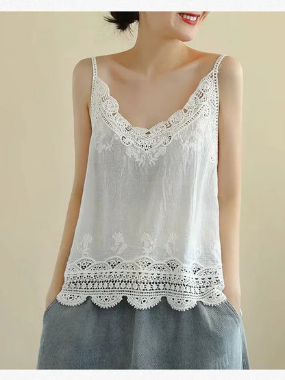 Summer New Retro Bohemian Embroidery Lace V-neck Age Reduction Cotton Camisole Female Sweet Blouse Women KK520