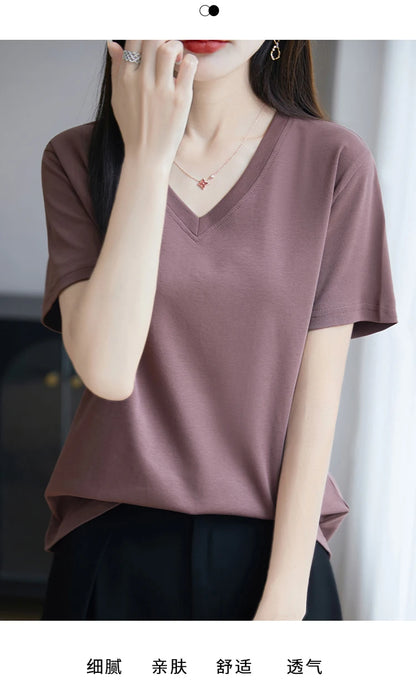 2026 Summer New Pure Cotton V-neck Short-sleeved T-shirt Women's Solid Color Joker Pullover Shirt with Loose Sleeve Bottom Shirt