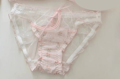 YUQI Kawaii Lace Bralette Set Japanese Floral Mesh Underwear Summer Ultra-Thin Lace-Up Cutout Romantic Bra 2024 New Kawaii set