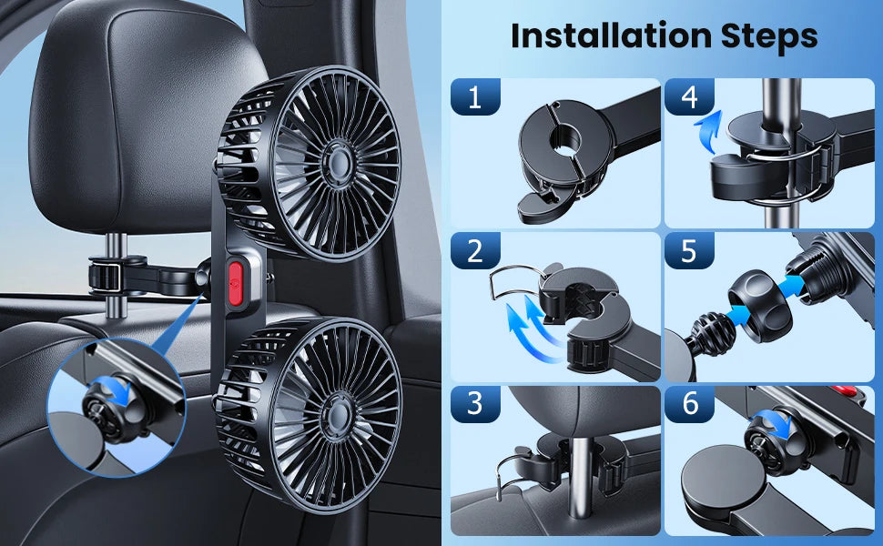 Eary Car Back Seat USB Dual Head Cooling Fan 3 Speeds 360°Rotatable Headrest Auto Summer Air Fans For Car Van Truck Accessories