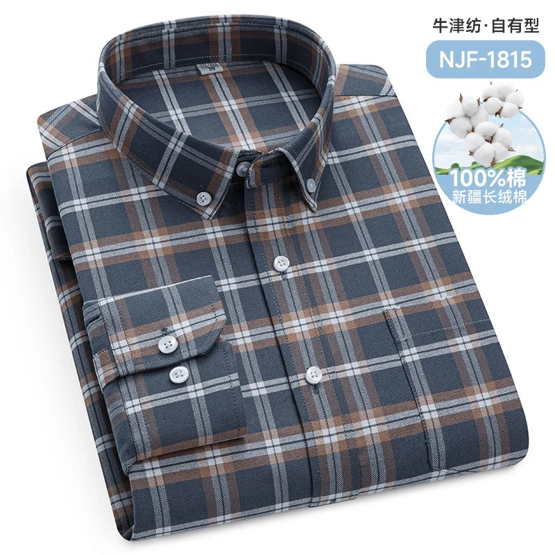 Classic Men's Long Sleeved Check Shirts 100% Oxford Cotton Casual Fashion Soft Plaid Stripe Solid Male Business Slim Fit Blouses
