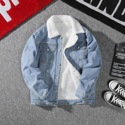 Men's Denim Jacket Fleece Lined Thickened Lamb Fur Collar Cotton Jacket Korean Loose Style Warm Cotton Coat Winter Outerwear