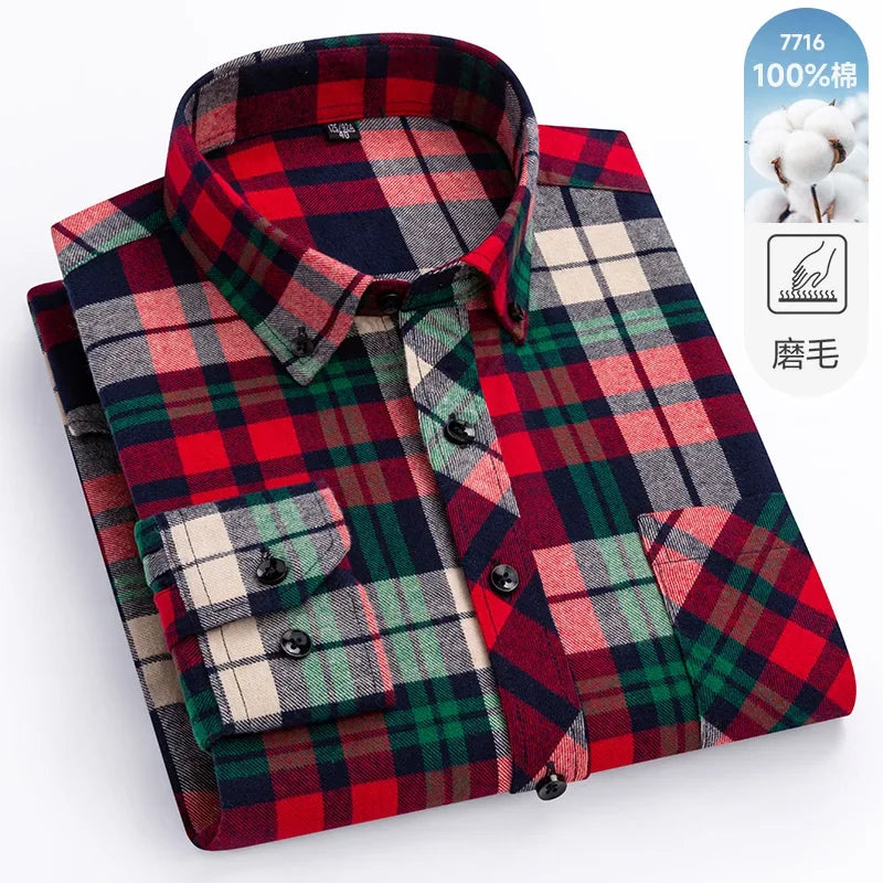 New Flannel Plaid Long Sleeve Men Casual Shirts Autumn Winter Fashion Plus Size Regular Fit Smart Dress Shirts Daily Clothes Top