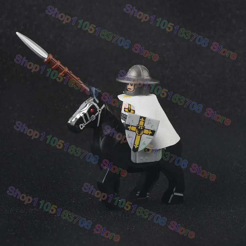 MOC Medieval Military Crusader Knight Building Blocks Castle Army Soldier Figure Horse Mount Shield Sword Accessories Bricks Toy