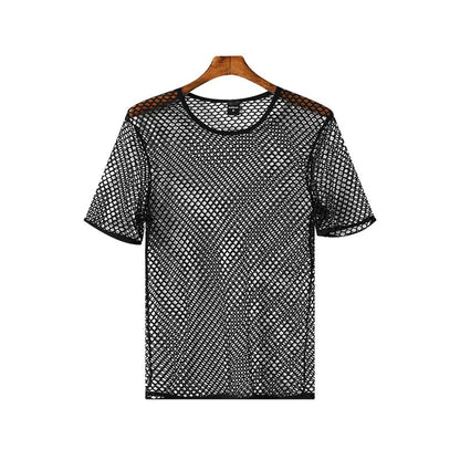Men's Fishnet Mesh T-Shirt See Through O-neck Short Sleeve Hollow Out Tops Breathable Streetwear Nightclub Party Sheer T Shirts