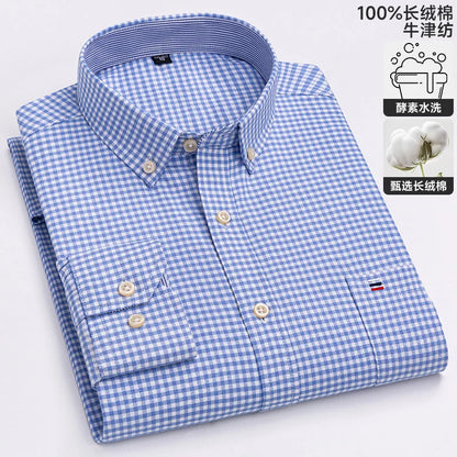 100% cotton men's long-sleeved shirt, casual plaid cotton shirt for young and middle-aged people, large size, authentic shirt