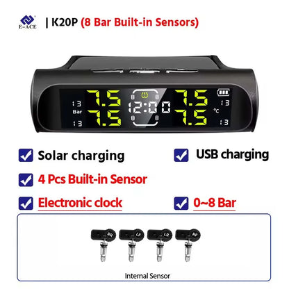 E-ACE Car Solar Tire Pressure TPMS Monitoring System Solar Power Digital tpms Display Security Alarm Tyre 4Wheel Pressure Sensor