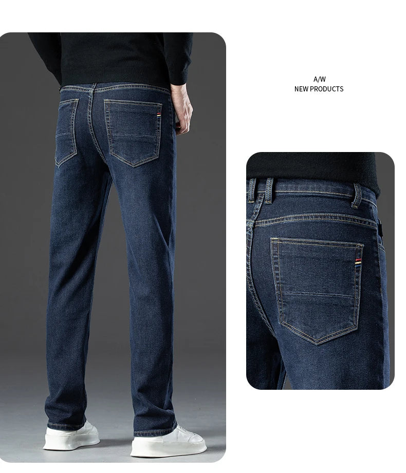 Winter Hot Sale Thickened Warm Jeans Men Chic Slim Fit Straight Leg Denim Trousers Male Youth Popular Stretch Fleece Pants