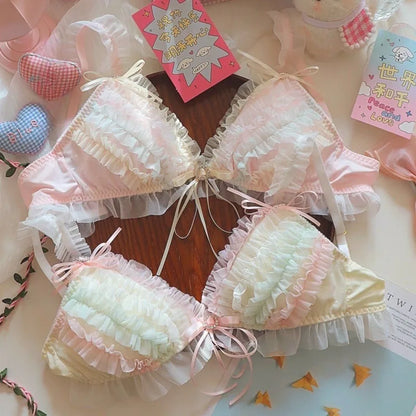 Japan Style Cream Ice Cream Bra Set Wireless Lace Trim Sweet Teen Girl Heart Cake Layer Soft Sexy Daily Lingerie Hot New Trend