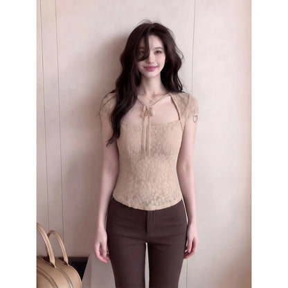 Pure Desire Lace Short Sleeve T-Shirt Women Summer Slim Fit Square Collar Knot Shoulder Top Trendy Spicy Girl Breathable