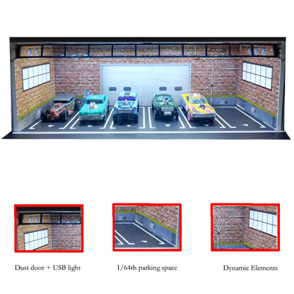 1/64 Scale Diecast Car Garage Diorama Model Miniature Case LED Light Parking Garage Diorama Kit for Collectible Cars Model