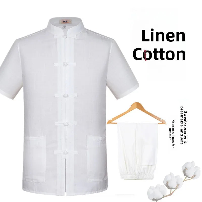 Spring Summer Large Size Linen Cotton Men's Tang Suit Ethnic Style Hanfu Set Home Wear Comfortable Loose Fit Traditional Chin...