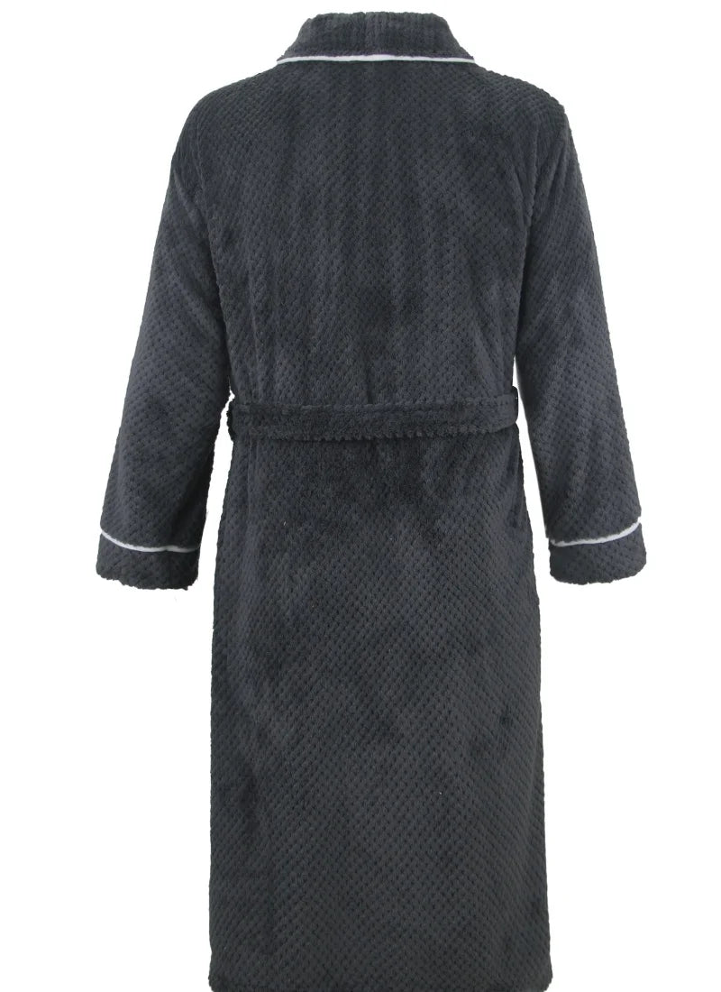 Men Coral Fleece Bathrobe Ultra Soft Jacquard Plush Long Sleeve White Trim with Pockets for Winter Home Luxury Warm Loungewear C
