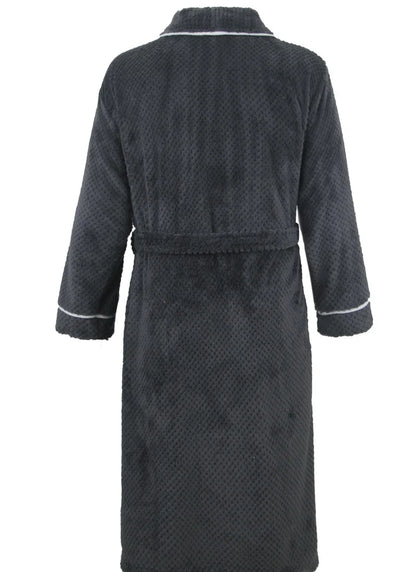 Men Coral Fleece Bathrobe Ultra Soft Jacquard Plush Long Sleeve White Trim with Pockets for Winter Home Luxury Warm Loungewear C