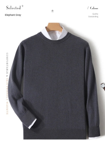 2025 100% Pure Merino Wool Men's Round Neck Pullover Solid Color Plus Size Casual Sweater Autumn And Winter Sports Cashmere Top
