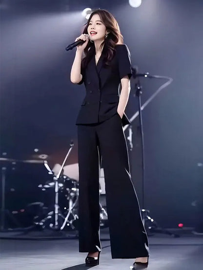 Elegant Short Sleeve Suit Set Women's Summer New Style Powerful Businesslike Top And Pants Two Pieces Set High Waist Pants