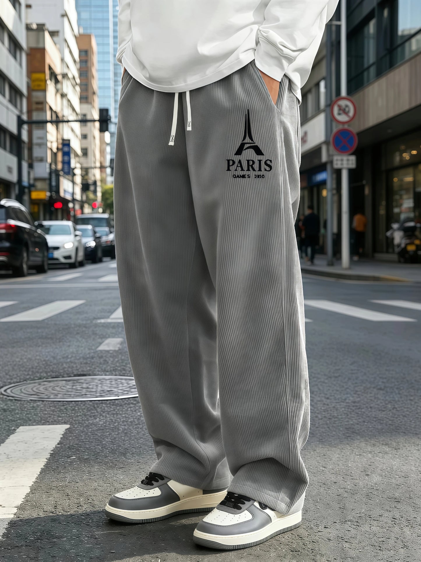 Mens Corduroy Wide Leg Trousers Elastic Drawstring Waist Eiffel Tower Letter Print Loose Straight Casual Street Pants S-4XL