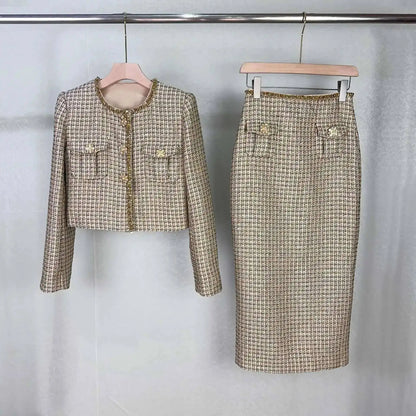 Autumn Winter Small Fragrant Style Gold Plaid Coarse Knitted Two Piece Set Women Suit Coat Tweed Jackets Midi Long Skirts Sets