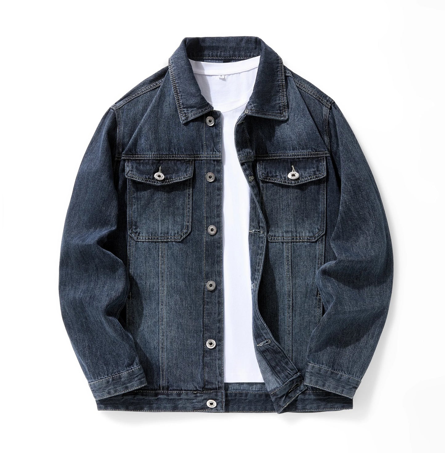 Vintage Dark Blue Denim Jacket for Men Casual Workwear Jean Coat with Button Closure Chest Pockets Everyday Streetwear Outer