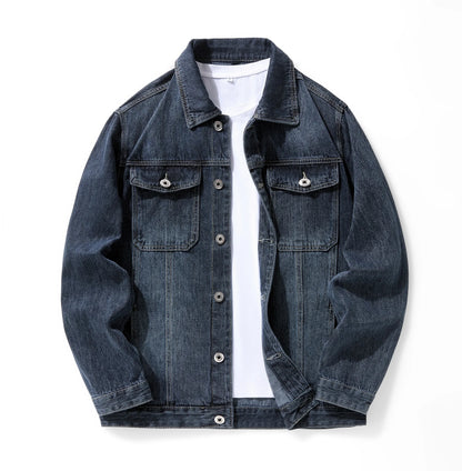 Vintage Dark Blue Denim Jacket for Men Casual Workwear Jean Coat with Button Closure Chest Pockets Everyday Streetwear Outer
