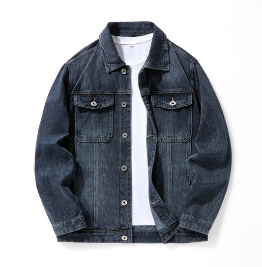 Vintage Dark Blue Denim Jacket for Men Casual Workwear Jean Coat with Button Closure Chest Pockets Everyday Streetwear Outer