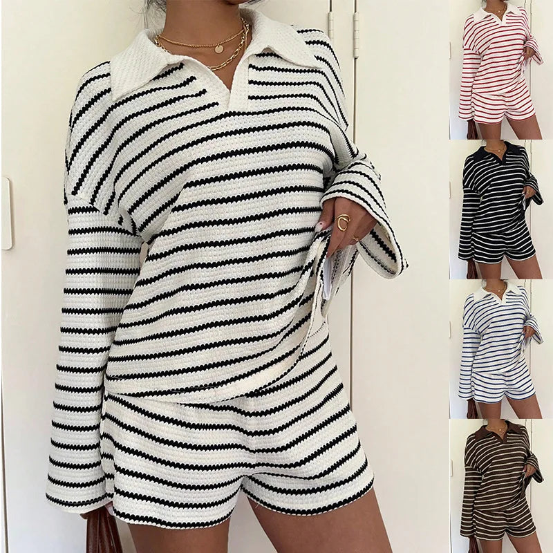 Women Striped Shorts Set Long Sleeve T-Shirt And Loose Casual Pants Breathable Two Piece Outfits For Summer Daily Loungewear