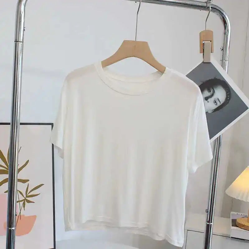 Ultra-Hand Feel Short Modal T-Shirt Women's  Summer 2025 Slimming round Neck Short Sleeve  Color Base Shirt