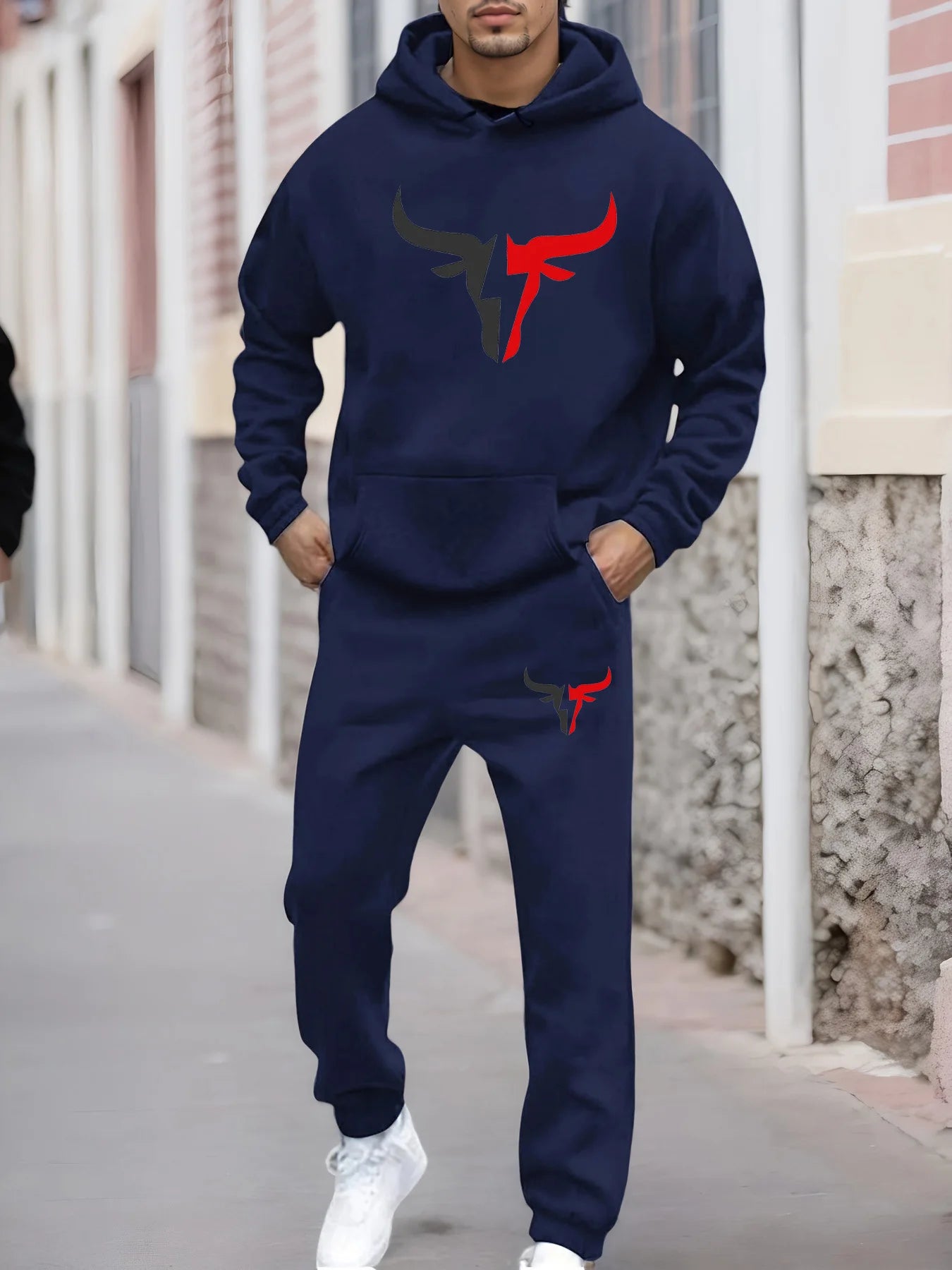 Men's autumn and winter casual fashion warm bull pattern print loose plush thick hooded sweatshirt+sweatpants set