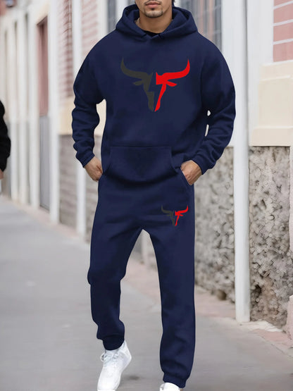 Men's autumn and winter casual fashion warm bull pattern print loose plush thick hooded sweatshirt+sweatpants set