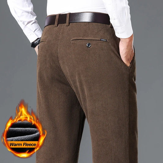 Winter Fleece Warm Corduroy Pants Men's Brown Classic Loose Business Straight Casual Trousers Thicken Warm Plush Velvet Clothes