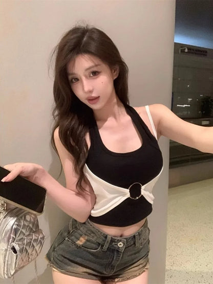 American Color Block Halter Neck Vest Women Summer Sleeveless with Chest Pad Inner Wear Sweet Spicy Girl Top Outerwear