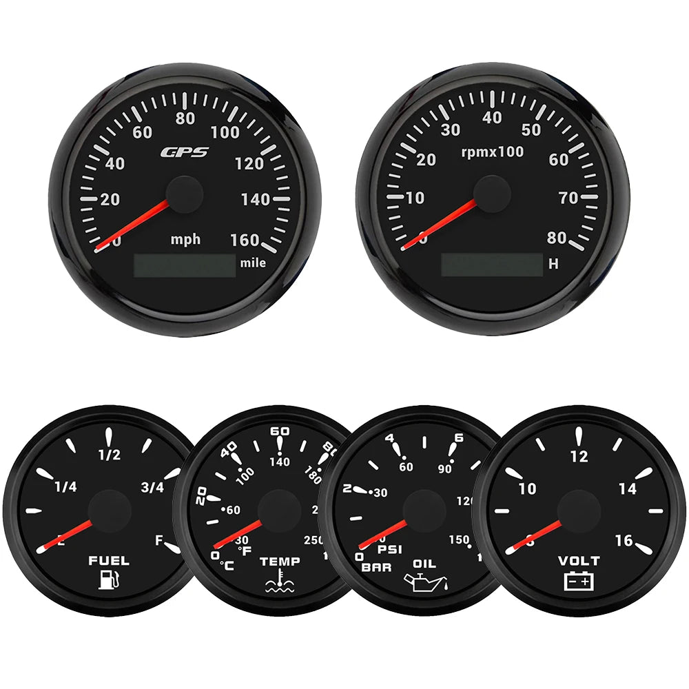 ELING 6 Gauge Set 85mm GPS Speedometer with Tachometer with 52mm Water Temp Oil Pressure Fuel Level Voltmeter with Backlight