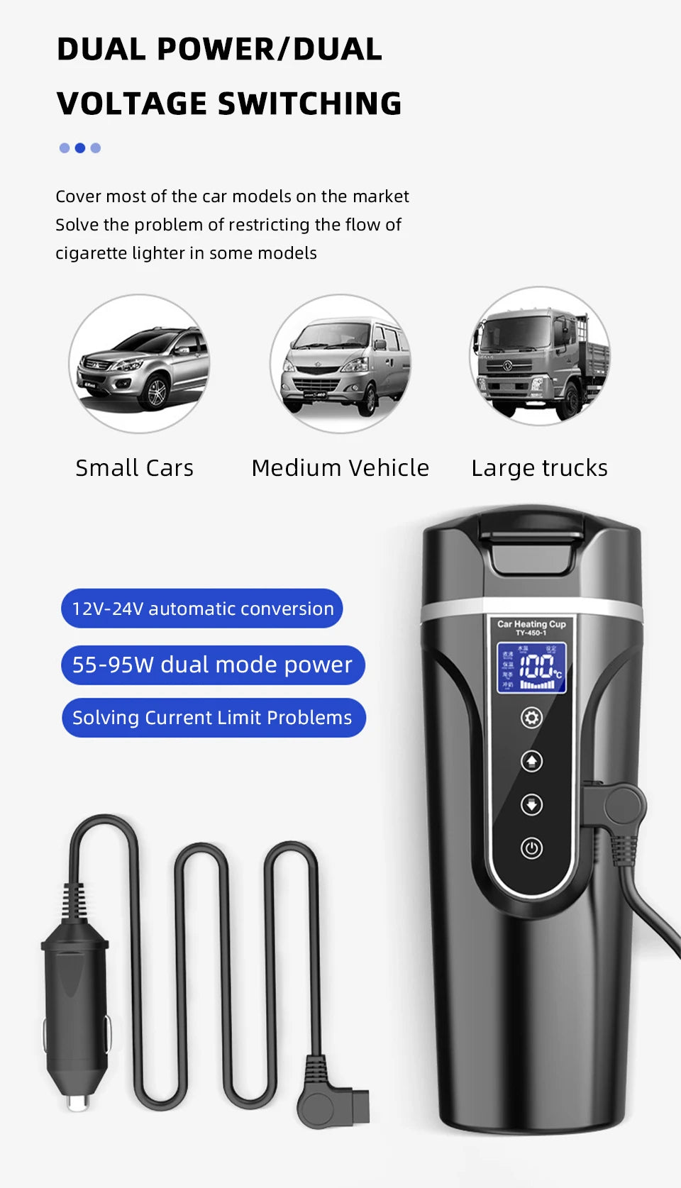 R31 450ml Car Heating Cup 12v/24v Portable Electric Kettle Smart Touch Screen Thermal Mug Temperature Adjustable Car Heating Mug