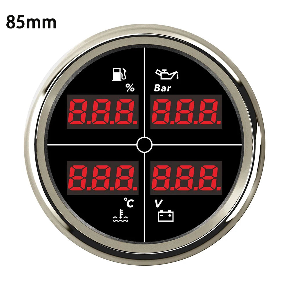 ELING Digital 52mm 85mm Car 4 in 1 Multifunction Gauge with Fuel Level Oil Pressure Water Temp. Voltmeter and 8 Colors Backlight